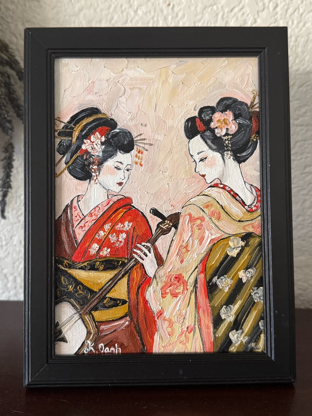 Original oil painting hand painted Japanese geisha signed framed 5x7 inches